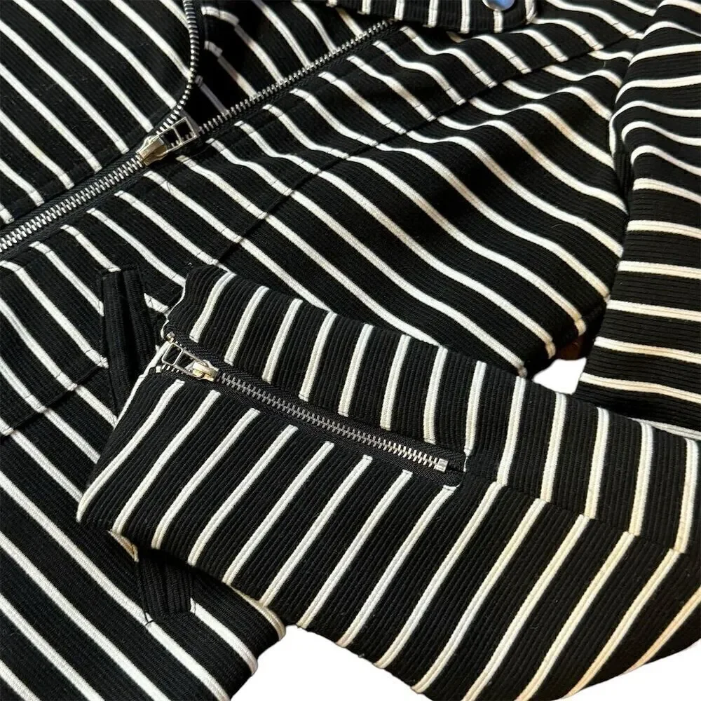 Bagatelle Black/White Striped Moto Jacket Stretch Lined Zip Front Women’s Large